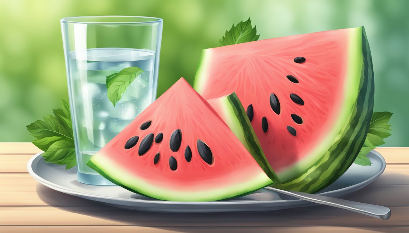 A juicy watermelon slice with seeds on a plate, surrounded by green leaves and a glass of water