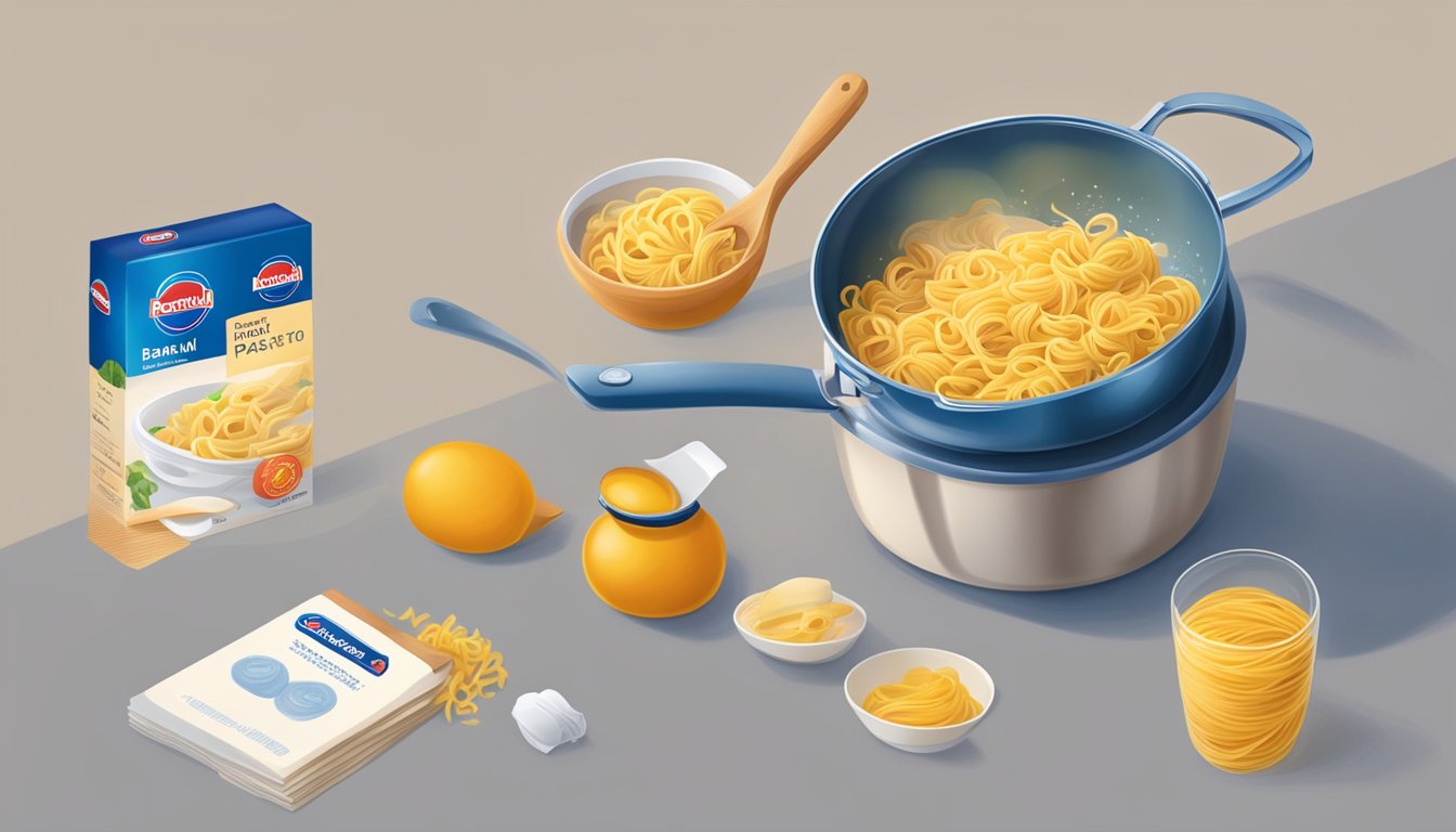 A kitchen counter with a box of Barilla pasta, a pot of boiling water, and a wooden spoon stirring the pasta