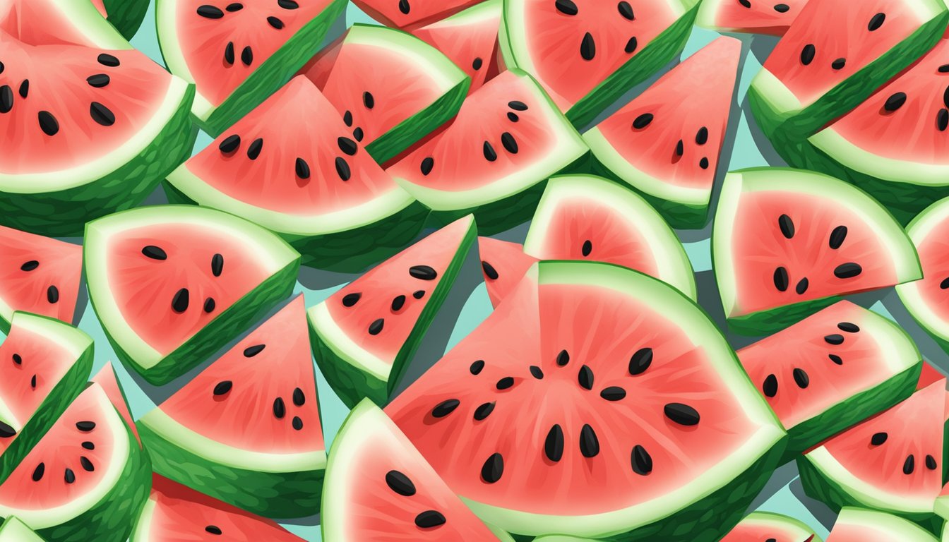 A ripe watermelon sliced into cubes on a kitchen scale