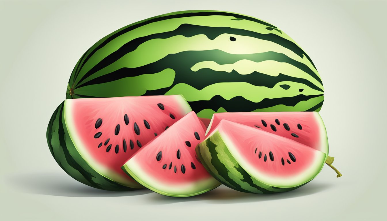 A watermelon sliced open, revealing its juicy pink flesh and black seeds, surrounded by vibrant green rind