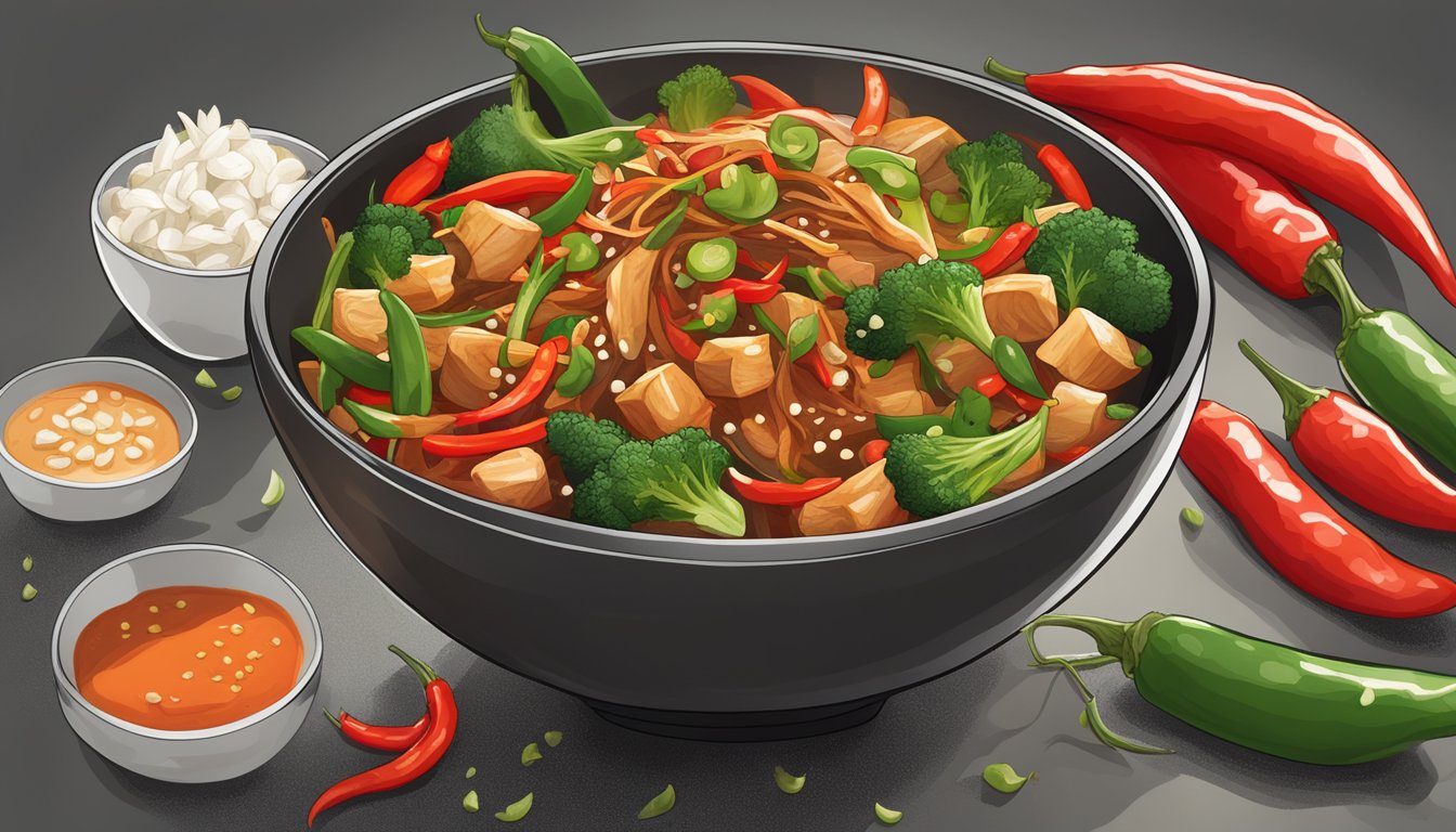 A steaming bowl of stir-fry with vibrant red Sriracha sauce drizzled over the top, surrounded by fresh chili peppers and garlic cloves