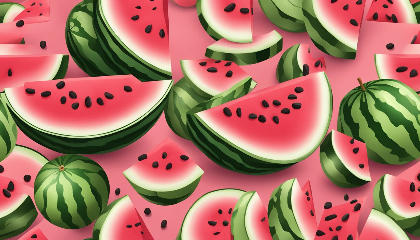 A refreshing slice of watermelon being cut into cubes on a wooden cutting board, with the vibrant pink flesh and dark seeds on display