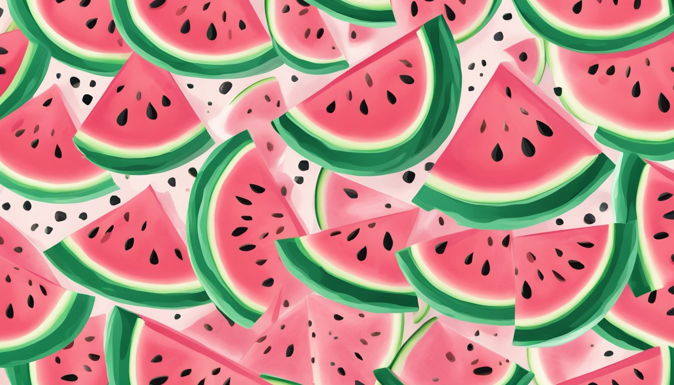 A juicy slice of watermelon sits on a white plate, surrounded by scattered seeds and a few droplets of water. The vibrant pink flesh glistens under the sunlight, tempting and refreshing