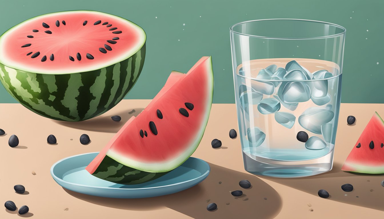 A watermelon slice sits on a table next to a glass of water, surrounded by a few scattered watermelon seeds