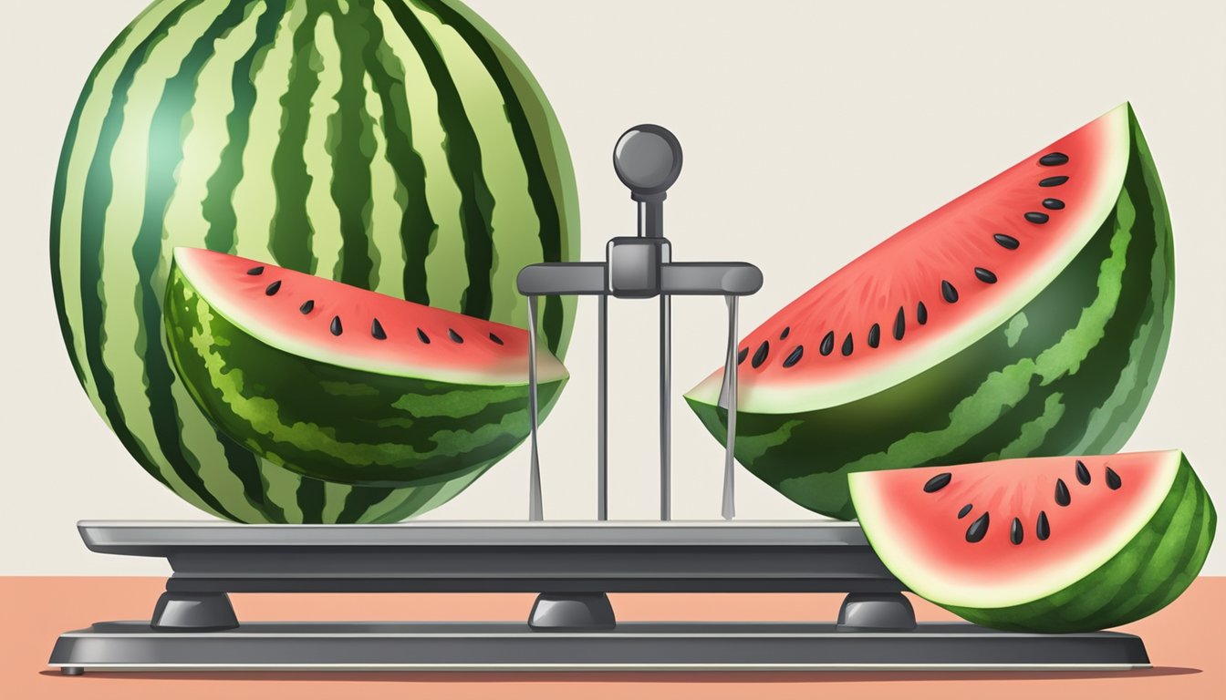 A watermelon and other fruits on a scale, with the watermelon appearing smaller in size but with a higher number of calories