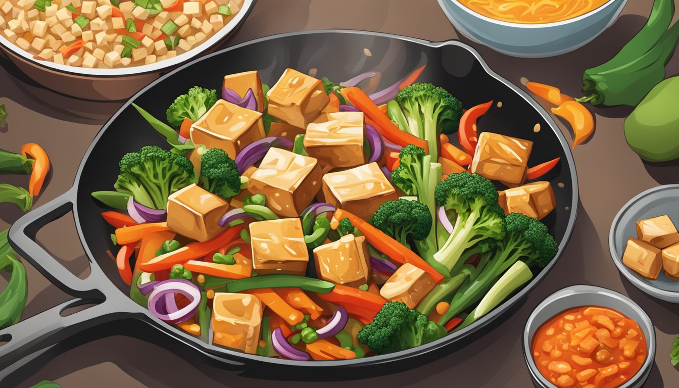 A sizzling skillet of stir-fry with vibrant vegetables and sizzling tofu, drizzled with a bold, red sriracha sauce