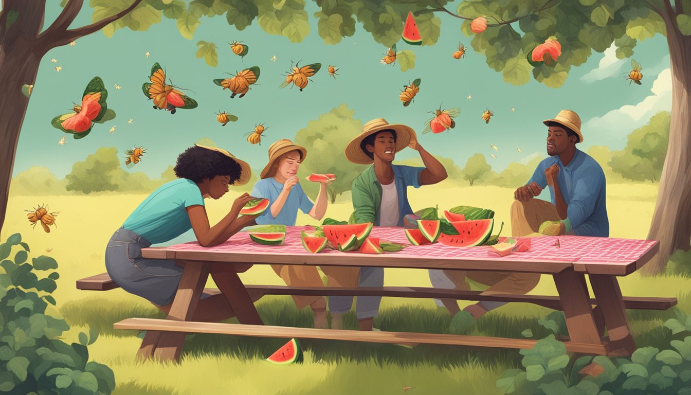 A picnic table with a sliced watermelon, surrounded by bees and a person sneezing