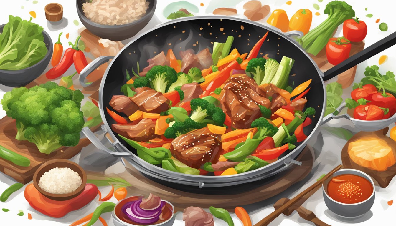 A steaming wok sizzling with colorful vegetables and meat, as a splash of sriracha is drizzled over the sizzling ingredients