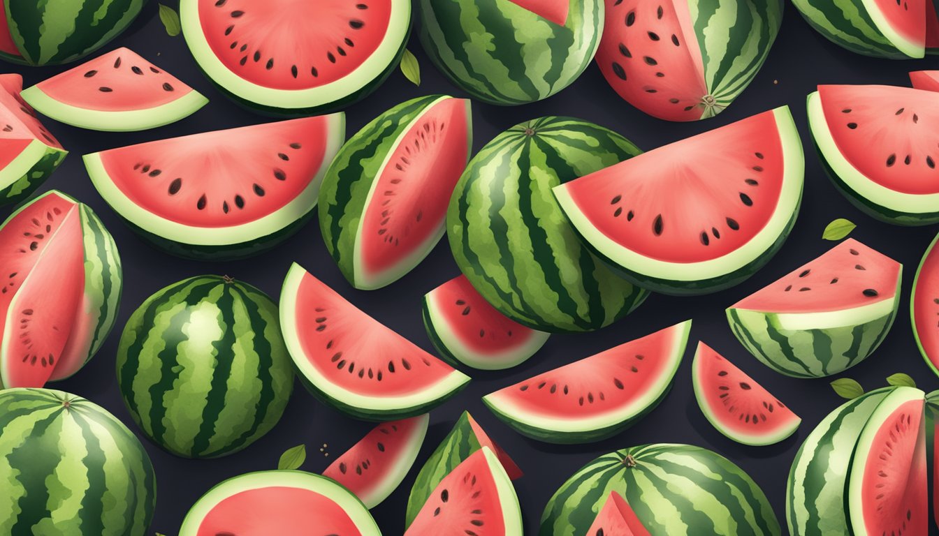 A variety of watermelons displayed on a wooden table, with slices and seeds scattered around