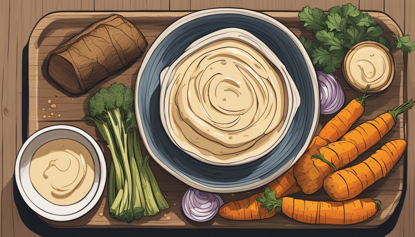 A spread of tahini drizzled over roasted vegetables on a rustic wooden platter, with a bowl of tahini sauce and various ingredients scattered around