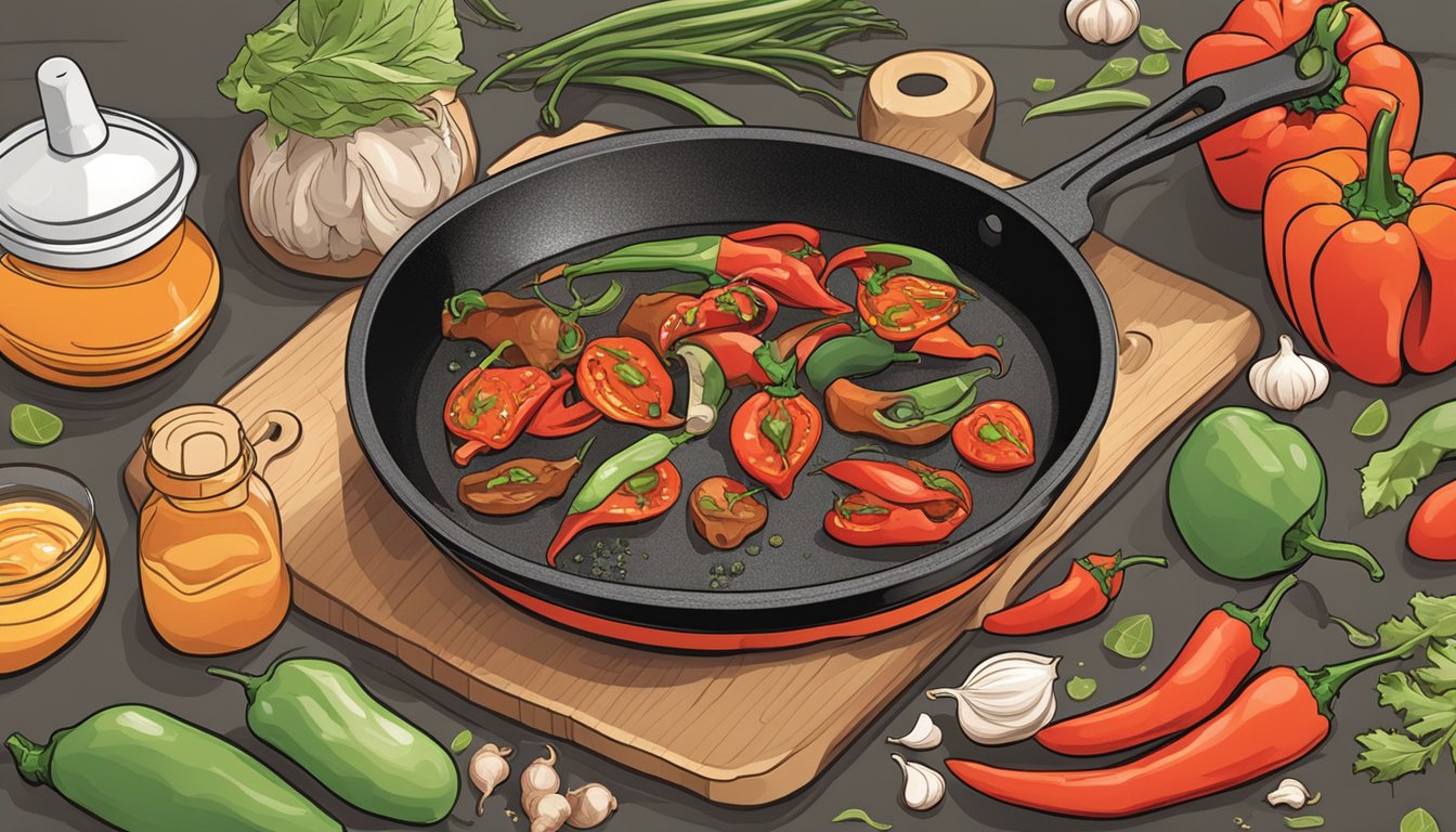 A sizzling pan on a stove with a bottle of Sriracha sauce next to it, surrounded by various fresh ingredients like peppers, garlic, and ginger