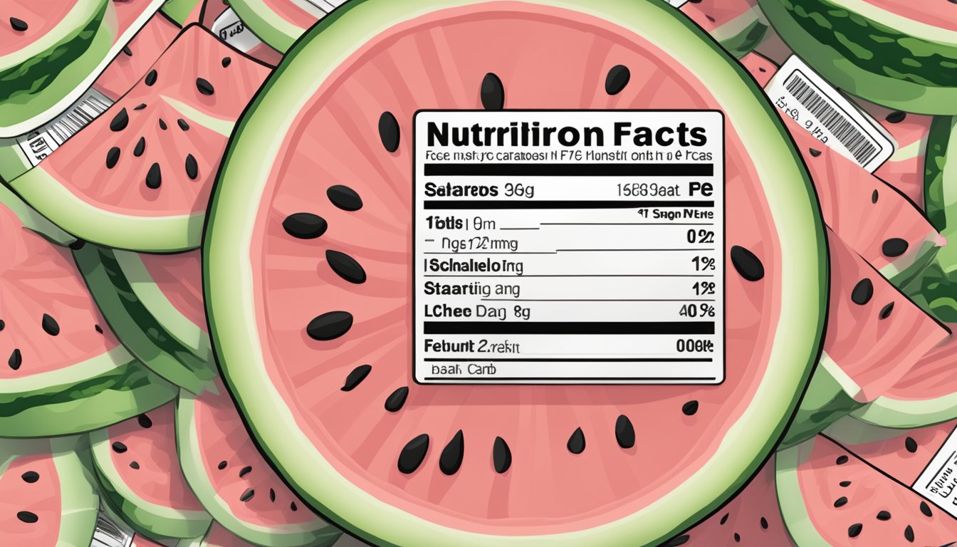 A watermelon sliced into pieces with a nutrition label showing net carbs