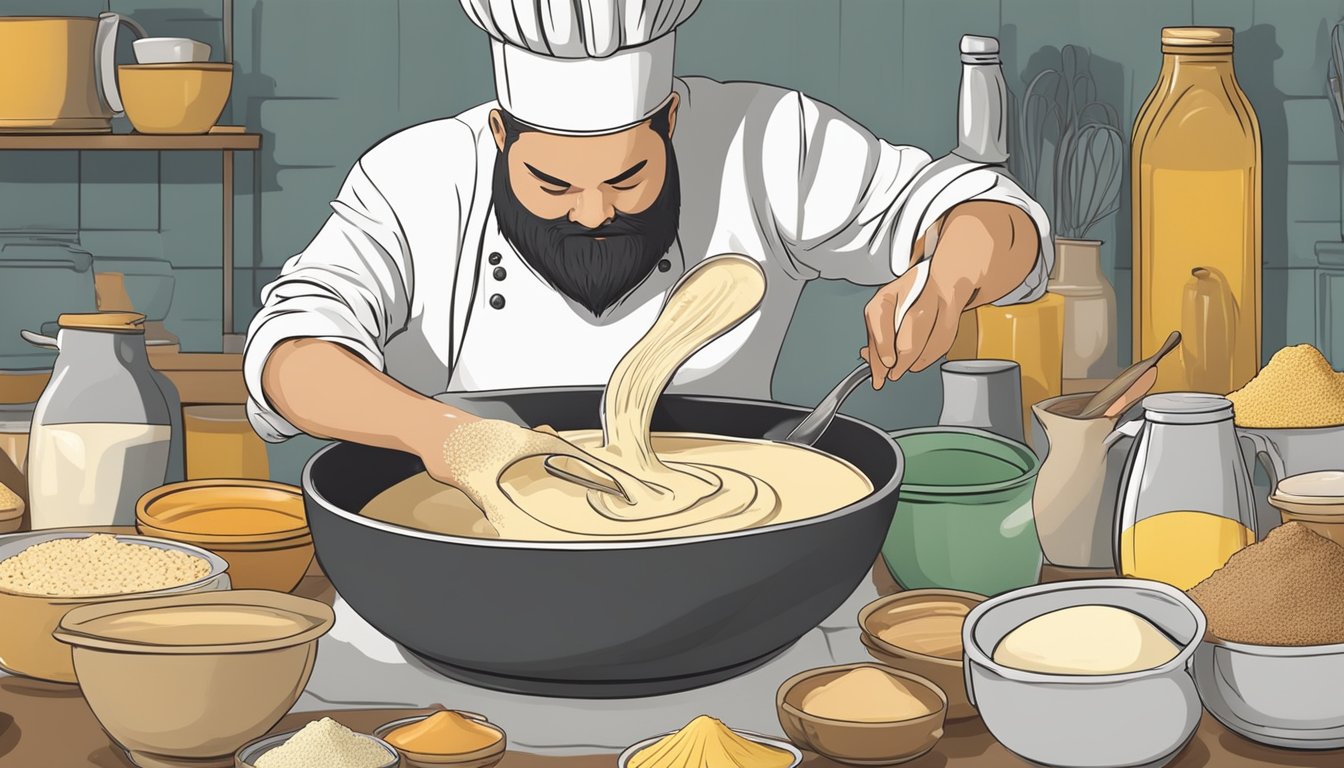 A chef mixing tahini into a bowl of batter surrounded by various ingredients and kitchen utensils