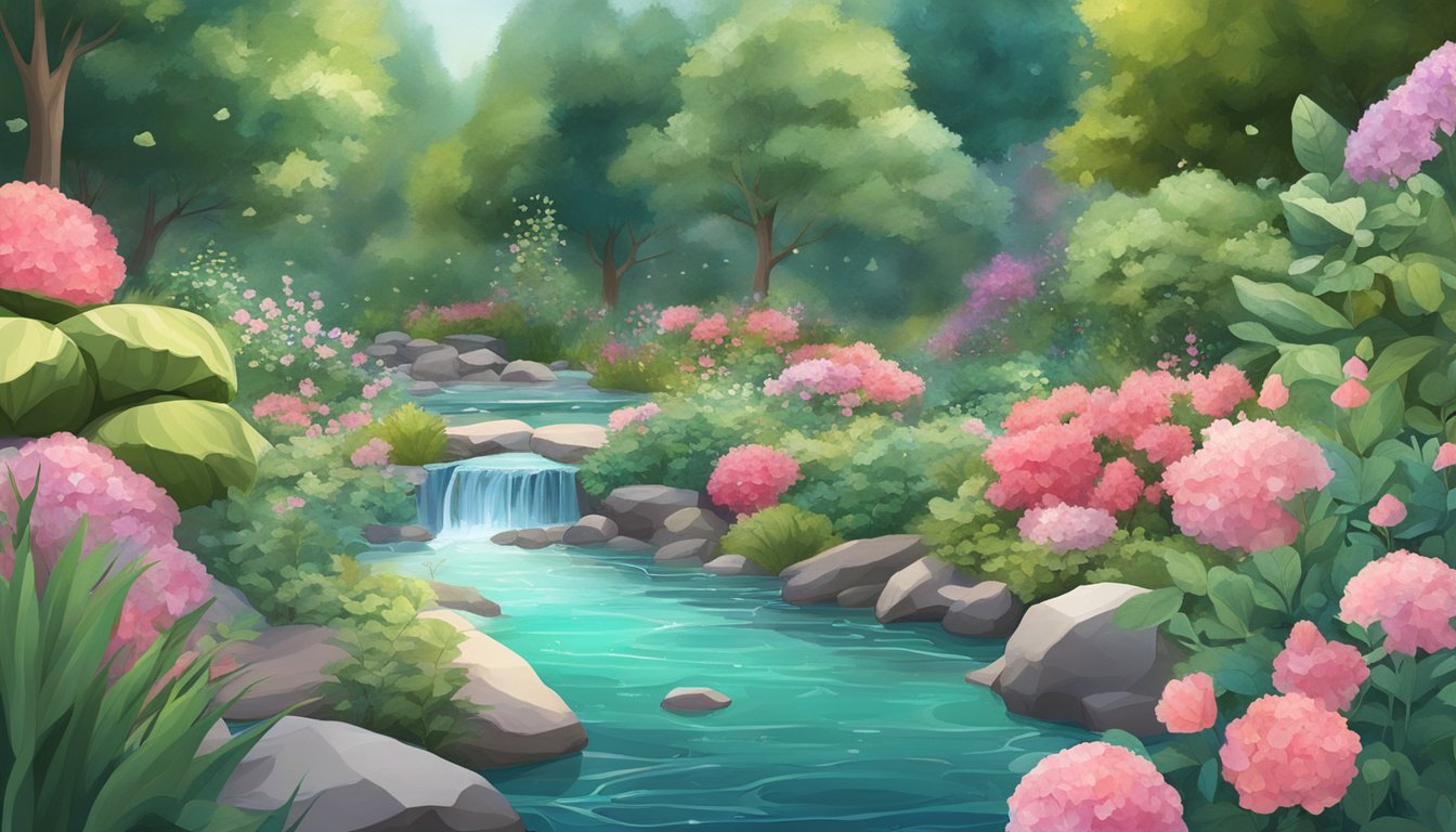 A serene garden with a flowing stream, surrounded by lush greenery and blooming watermelon quartz crystals scattered throughout