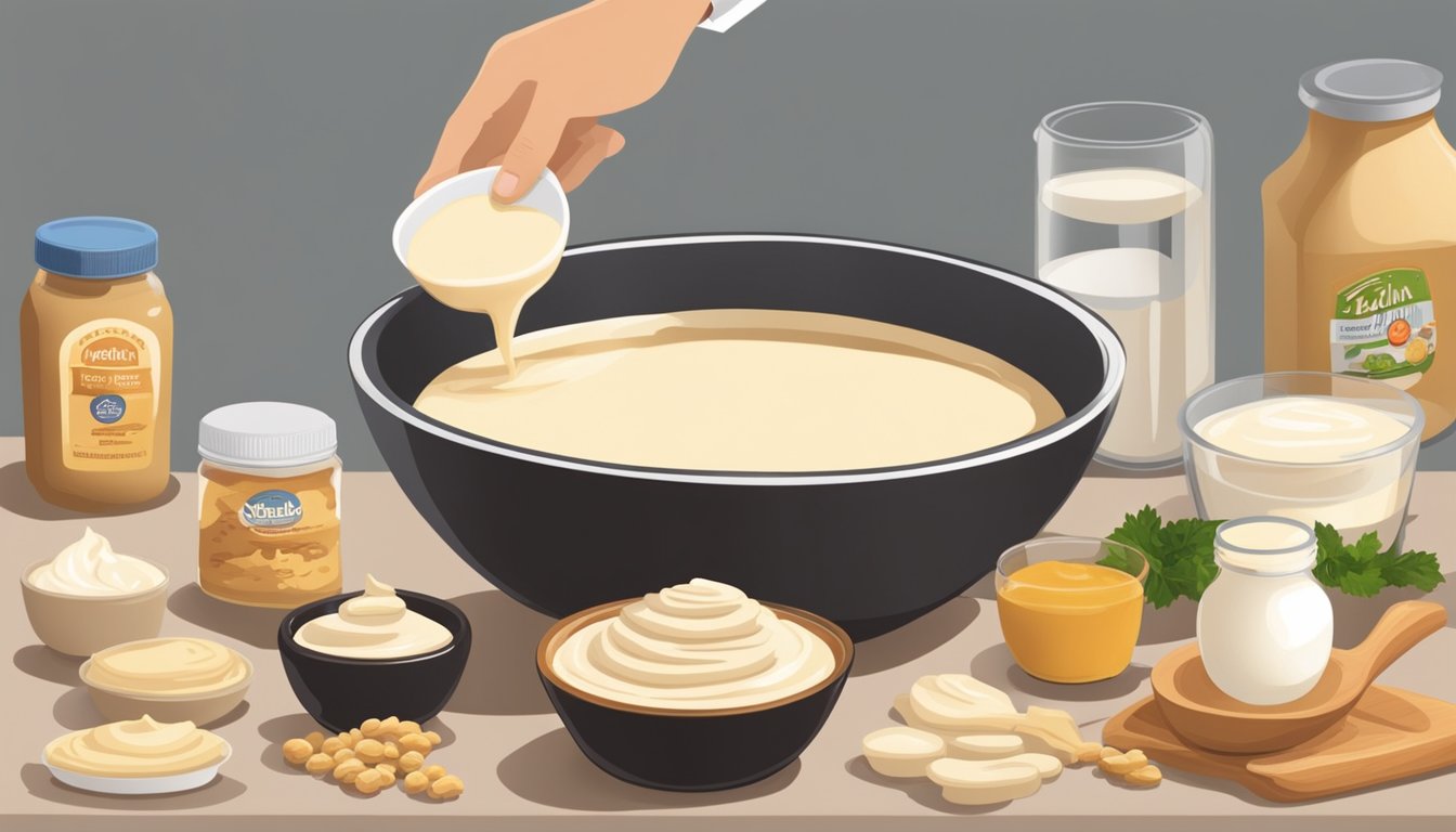 A bowl of tahini sits next to a variety of dairy products. A chef adds tahini to a recipe, creating a creamy and flavorful dish