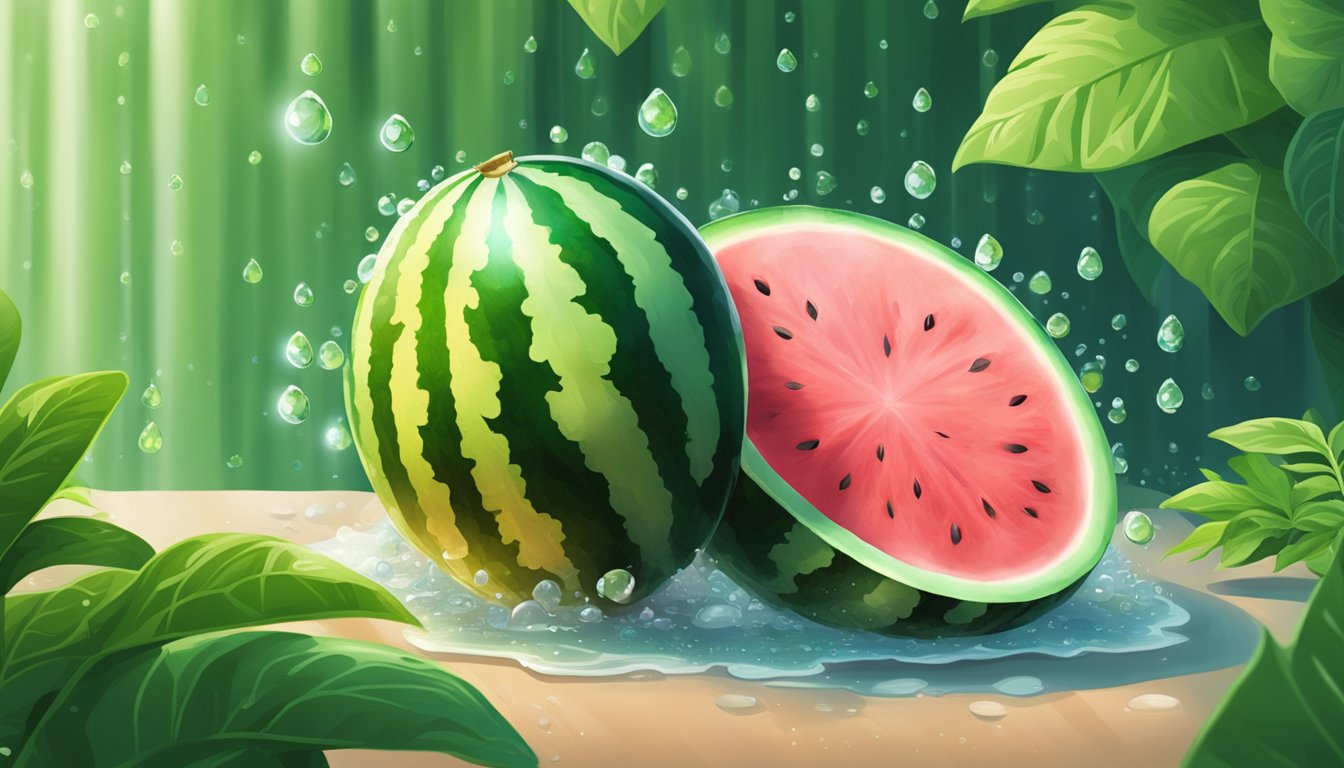 A watermelon quartz resting on a bed of green leaves, surrounded by droplets of water, catching the light