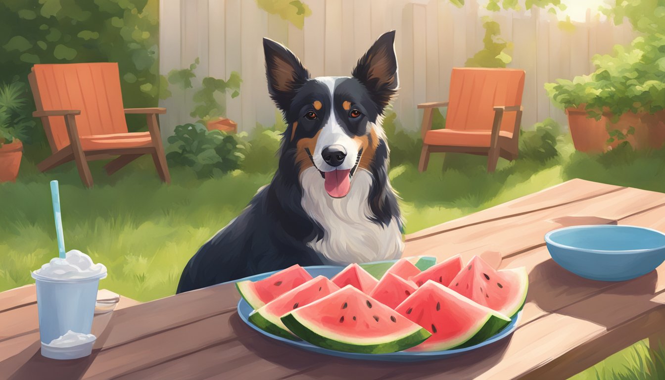 A happy dog eating watermelon yogurt treats in a sunny backyard