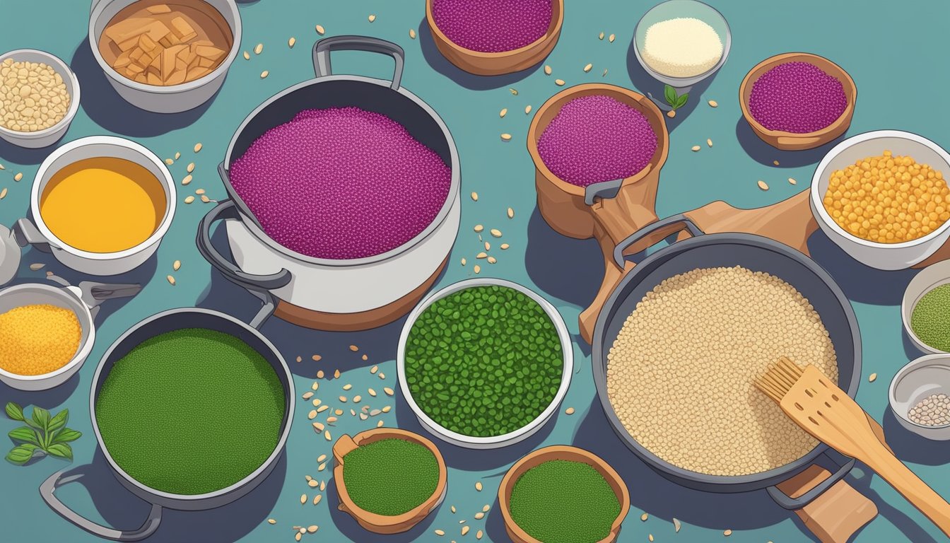 Amaranth seeds being cooked in a pot with various gluten-free ingredients and utensils surrounding the cooking area