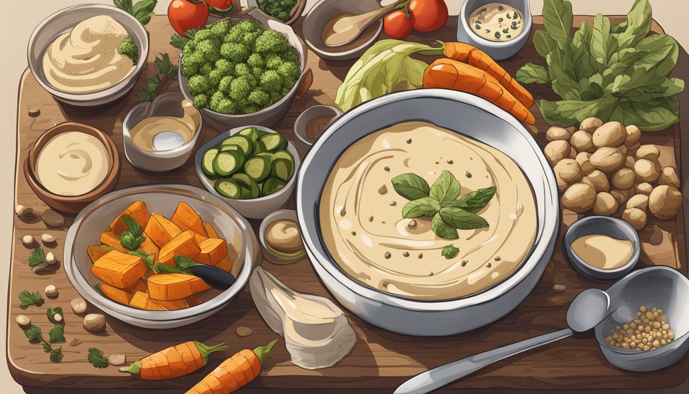 A bowl of tahini being drizzled over roasted vegetables on a wooden cutting board, surrounded by various ingredients and kitchen utensils