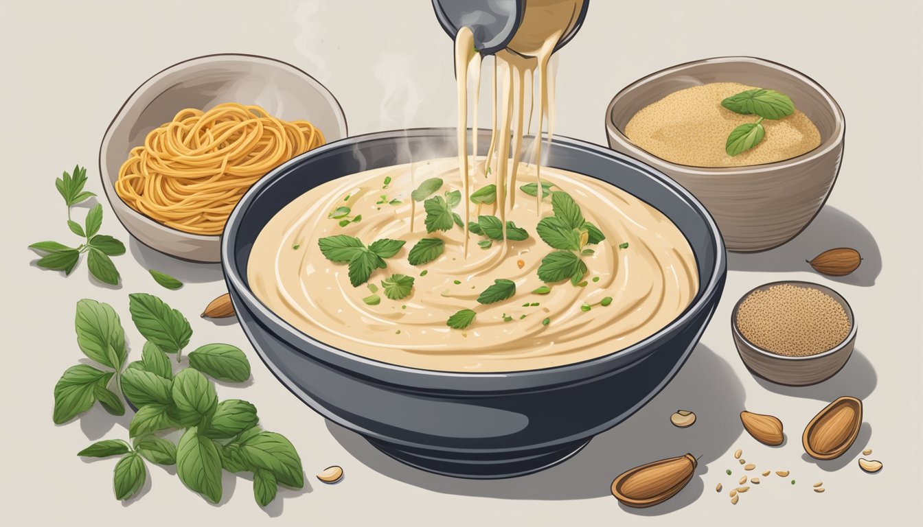 A bowl of creamy cashew sauce being drizzled over a steaming pot of pasta, with various herbs and spices scattered around for flavor enhancement