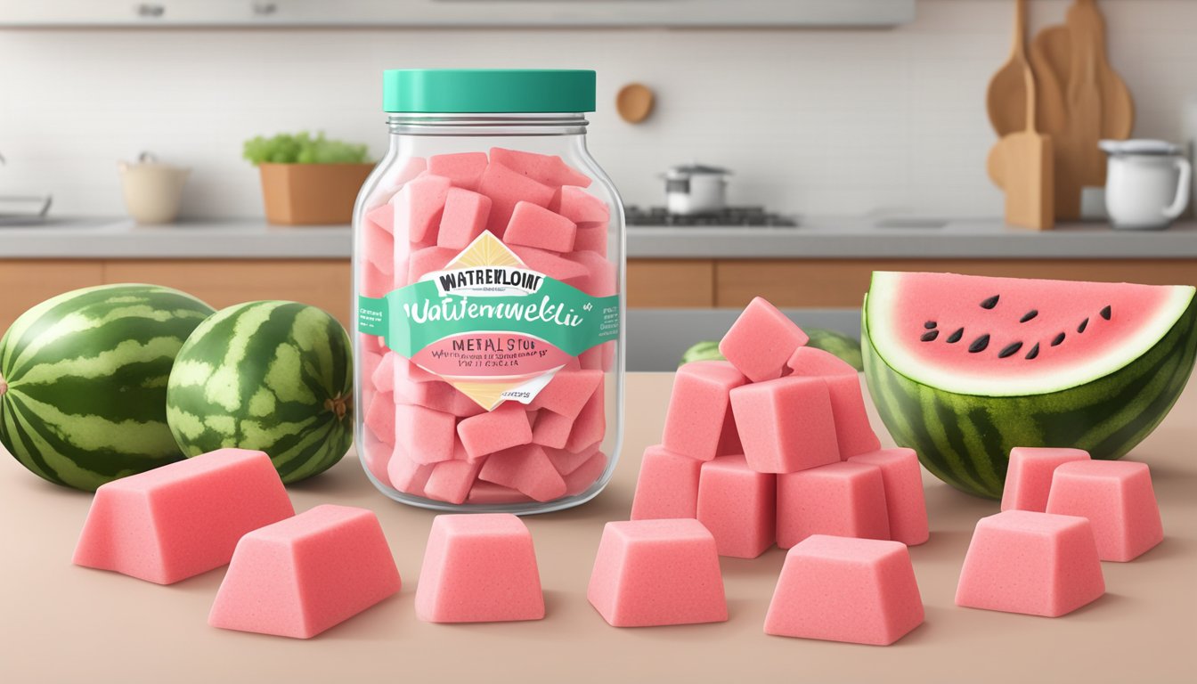 A glass jar filled with watermelon yogurt dog treats sits on a kitchen counter, surrounded by fresh watermelon slices and a mixing bowl