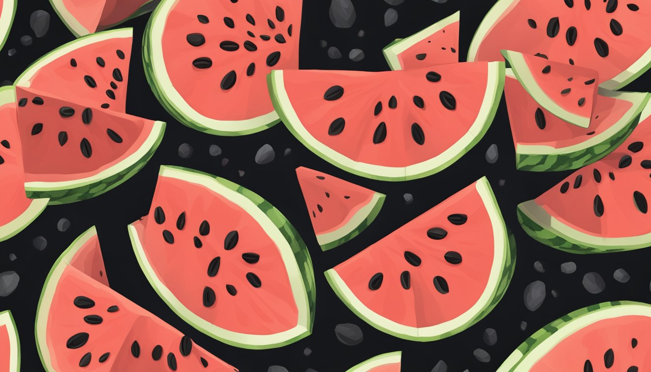 A watermelon sliced open, revealing its juicy, red flesh and black seeds