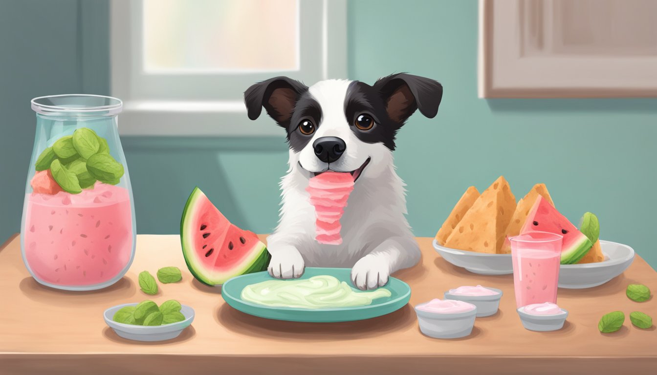 A dog enjoying a watermelon yogurt treat on a small plate with a few more treats scattered around