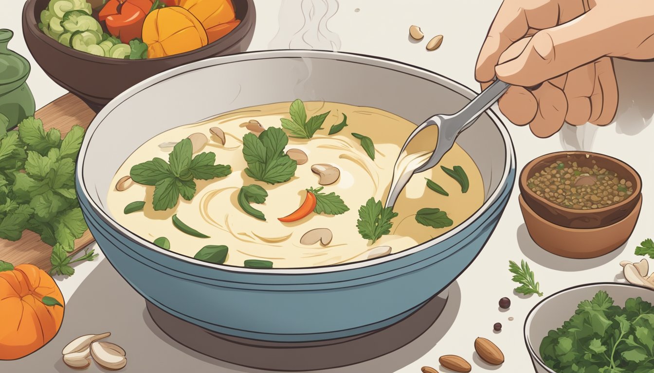 A bowl of cashew cream being poured into a pot of simmering vegetables, with various herbs and spices laid out on the countertop