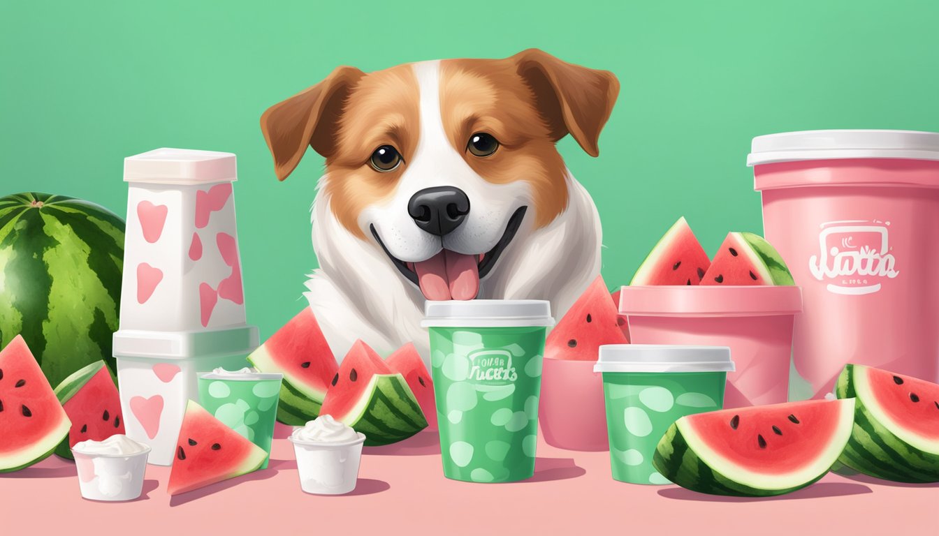 A dog happily munches on watermelon yogurt treats, surrounded by fresh watermelon slices and yogurt containers