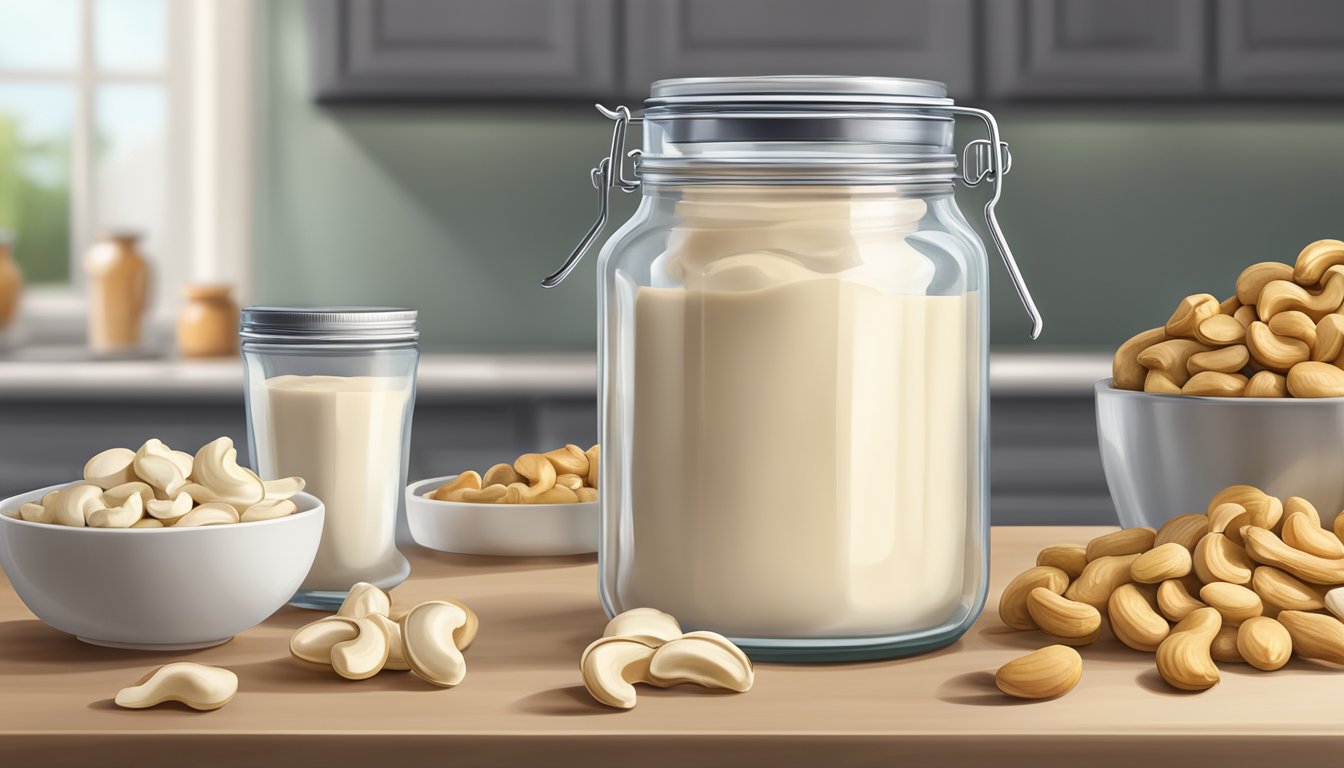 A clear glass jar filled with homemade cashew cream sits on a kitchen counter next to a pile of fresh cashews and a blender