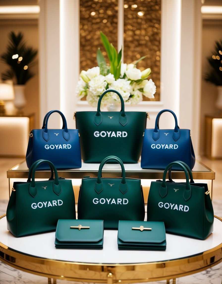 A collection of Goyard bags arranged on a display table in a luxurious setting with soft lighting and elegant decor