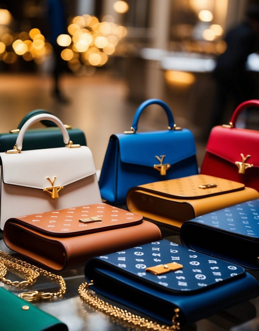 A table with various Goyard bags in different colors and patterns