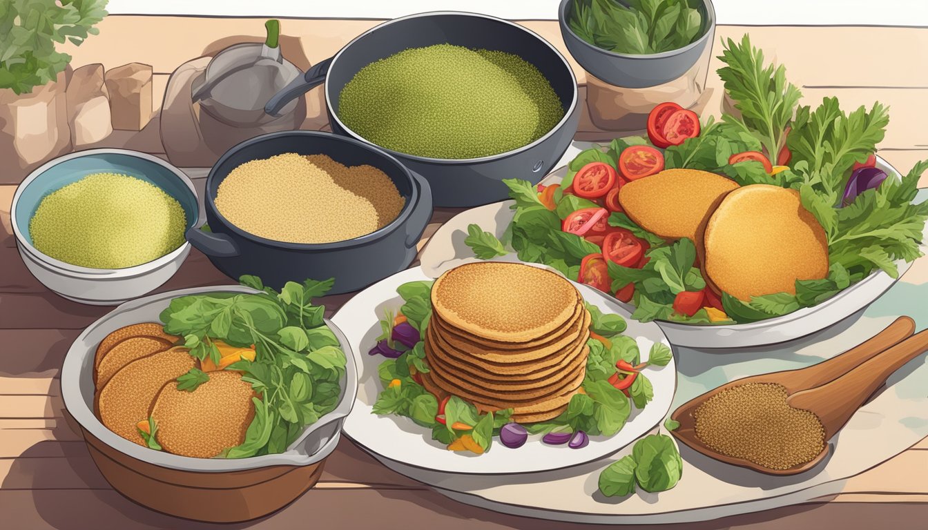 Amaranth seeds being cooked in a pot with various vegetables and herbs, a bowl of cooked amaranth next to a colorful salad and a plate of gluten-free amaranth pancakes