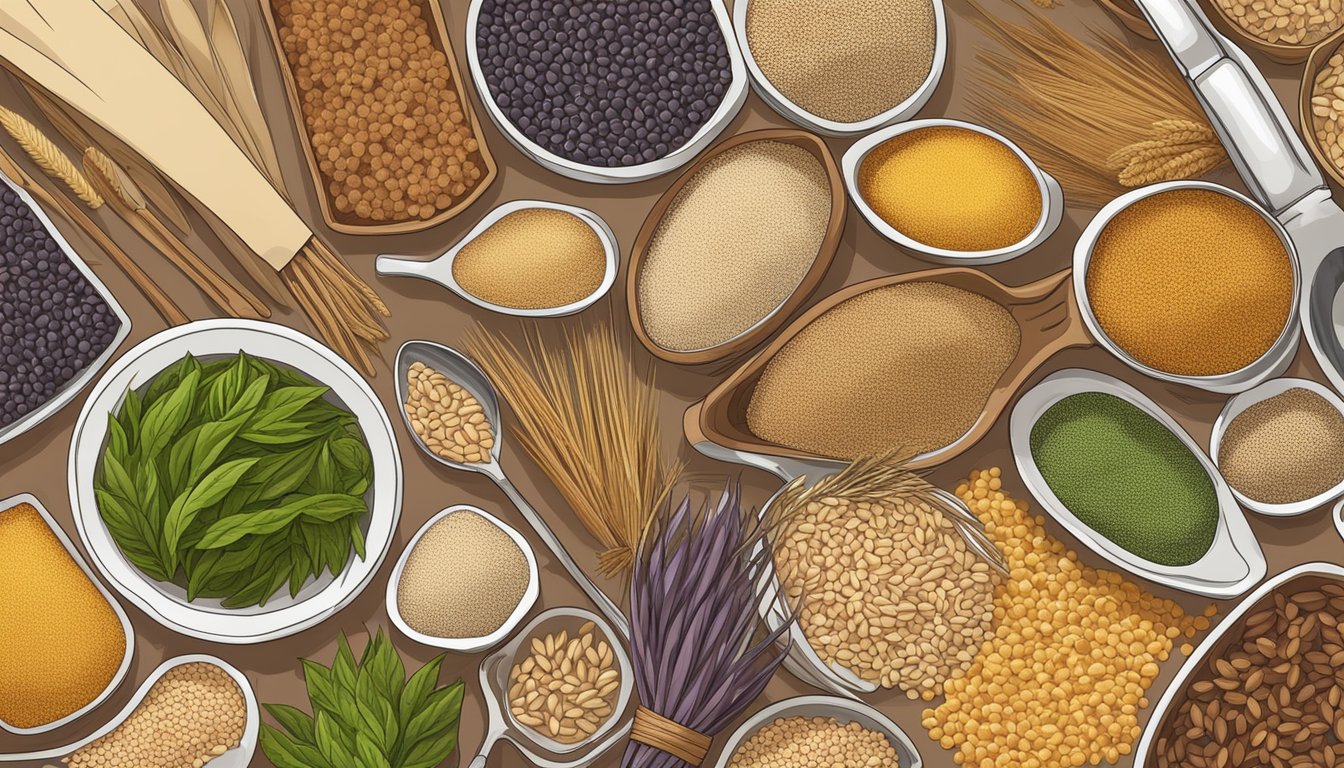 Amaranth and various alternative grains arranged with cooking utensils, showcasing gluten-free cooking options