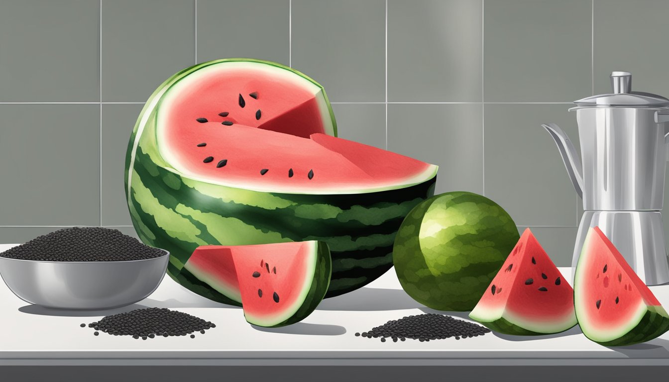 A watermelon sits on the kitchen counter, cut open to reveal its juicy red flesh and black seeds