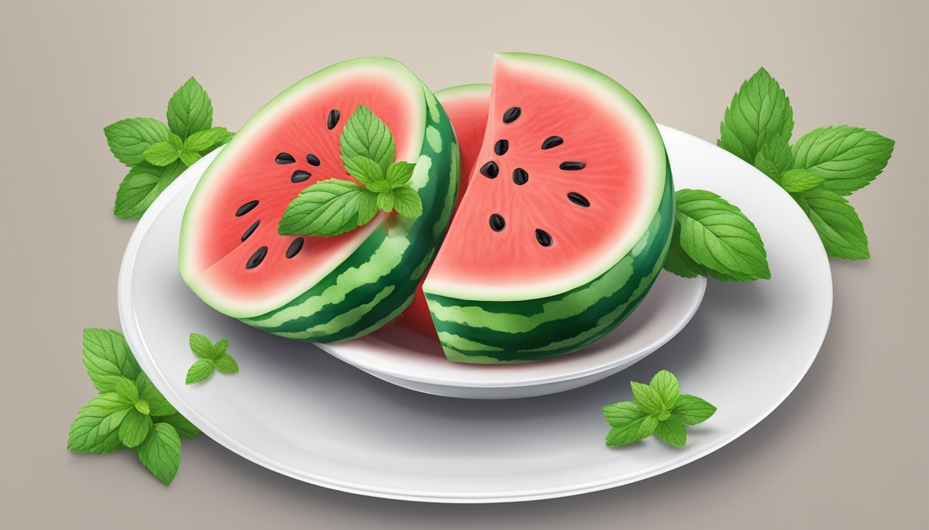 A ripe watermelon sliced into cubes, arranged on a white plate with a sprig of mint for garnish