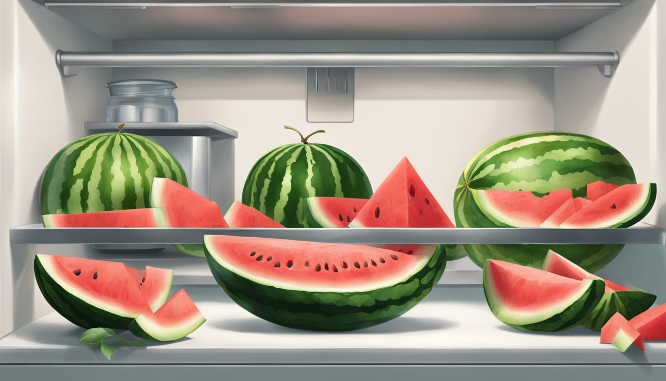 A watermelon being cut and stored in the fridge