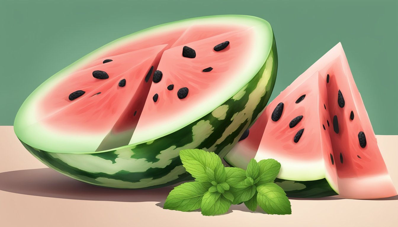 A watermelon sliced into cubes, arranged on a plate with a sprig of mint for garnish