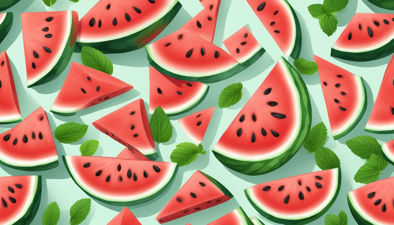 A ripe, juicy watermelon sliced into cubes, arranged on a white plate, with a sprig of mint on top