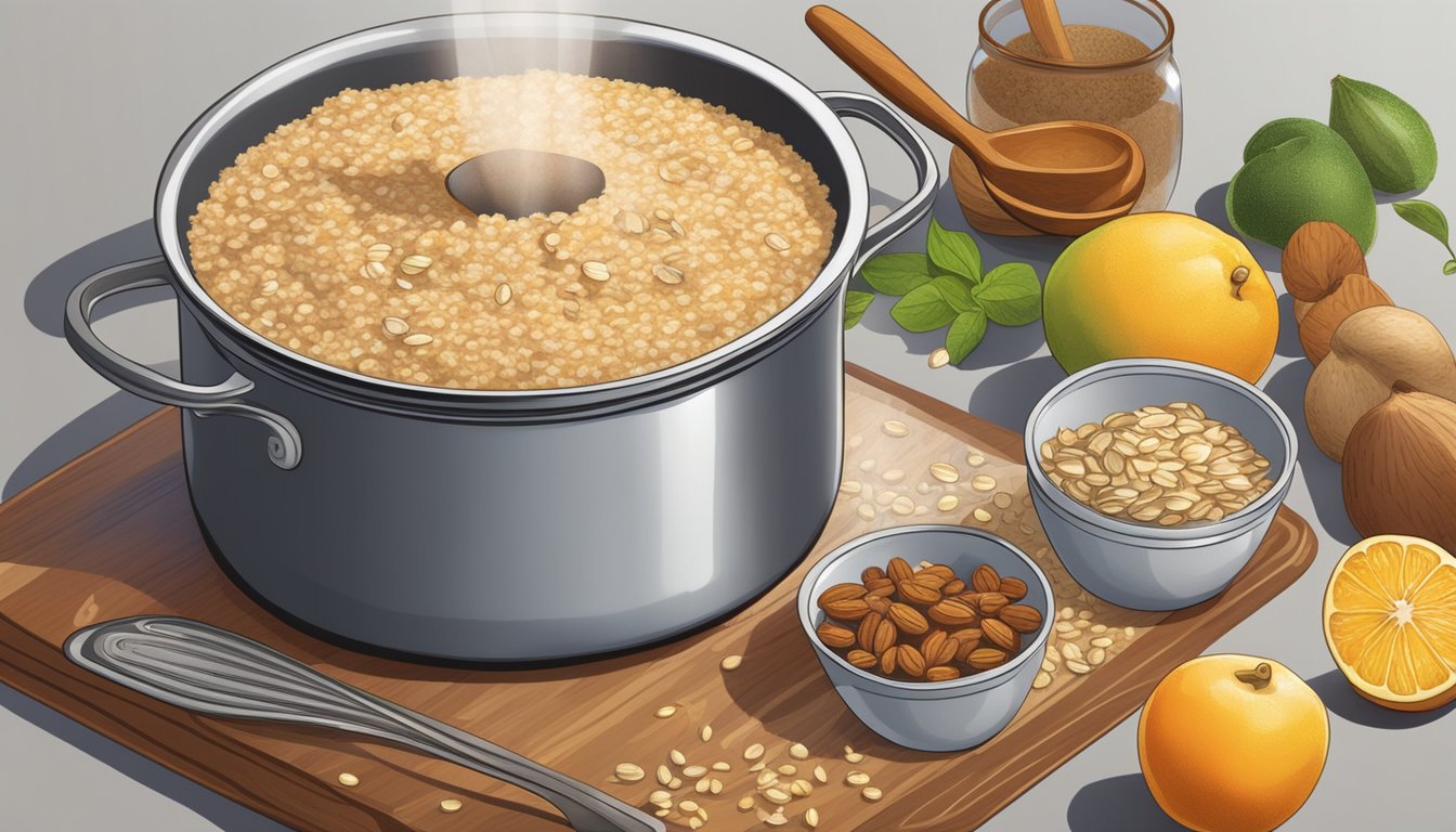 A pot of steel cut oats simmering on a stovetop, surrounded by various ingredients such as fruits, nuts, and spices. A wooden spoon stirs the mixture as steam rises from the pot