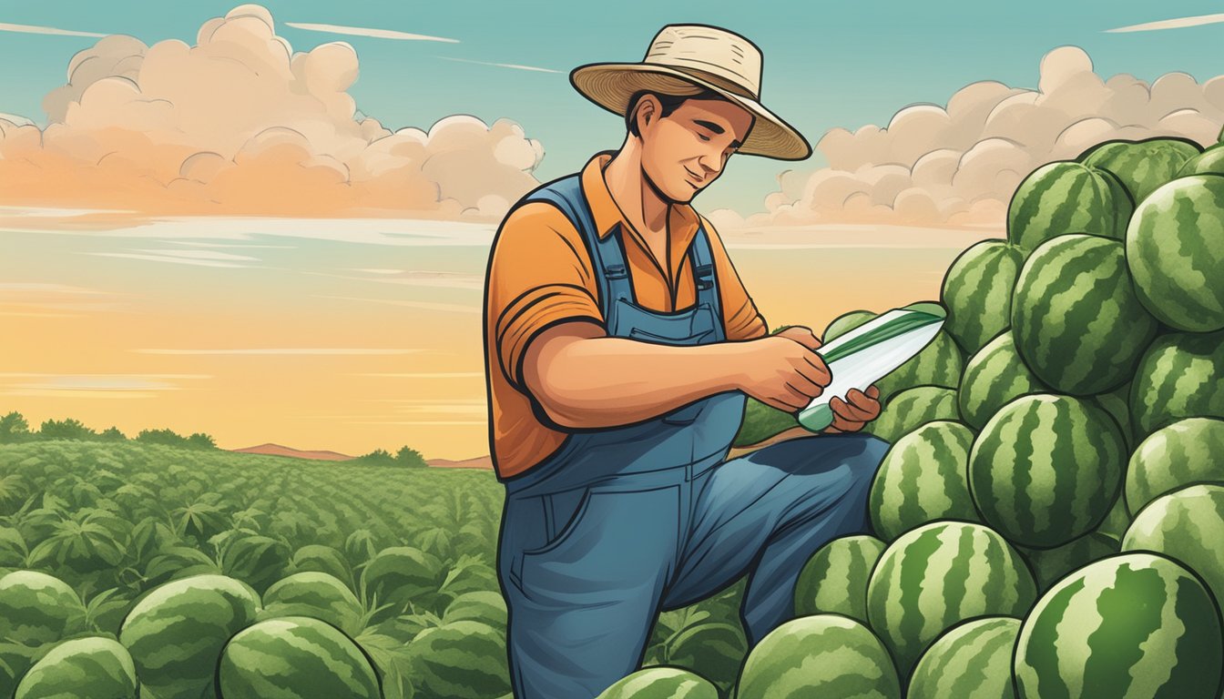 A farmer inspecting watermelon crop in a U.S. market, with USDA logo visible