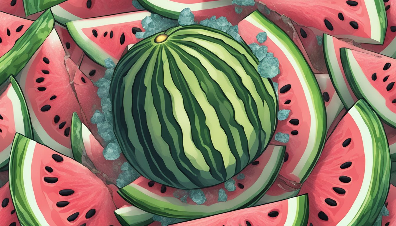 A watermelon slice surrounded by swirling uric acid crystals