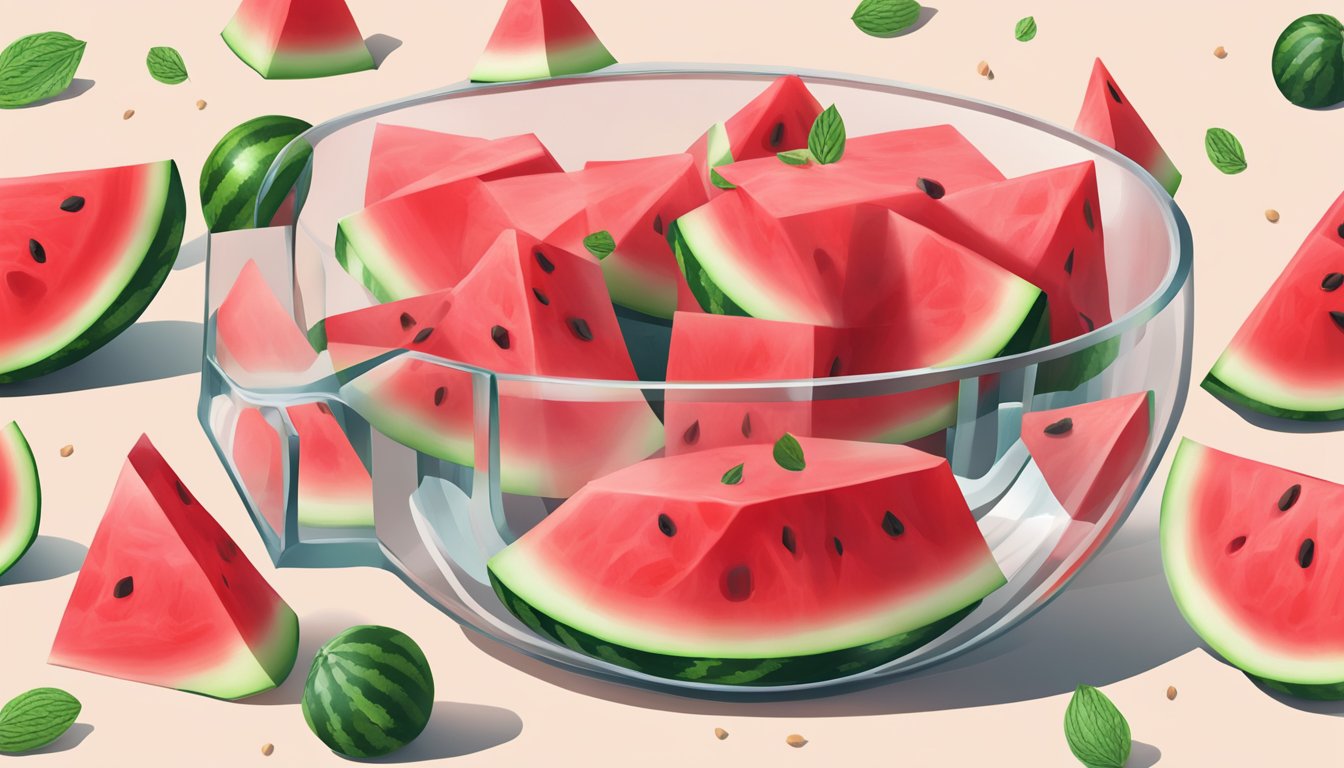 A watermelon sliced into cubes, arranged in a glass measuring cup. A few seeds are visible among the bright red flesh