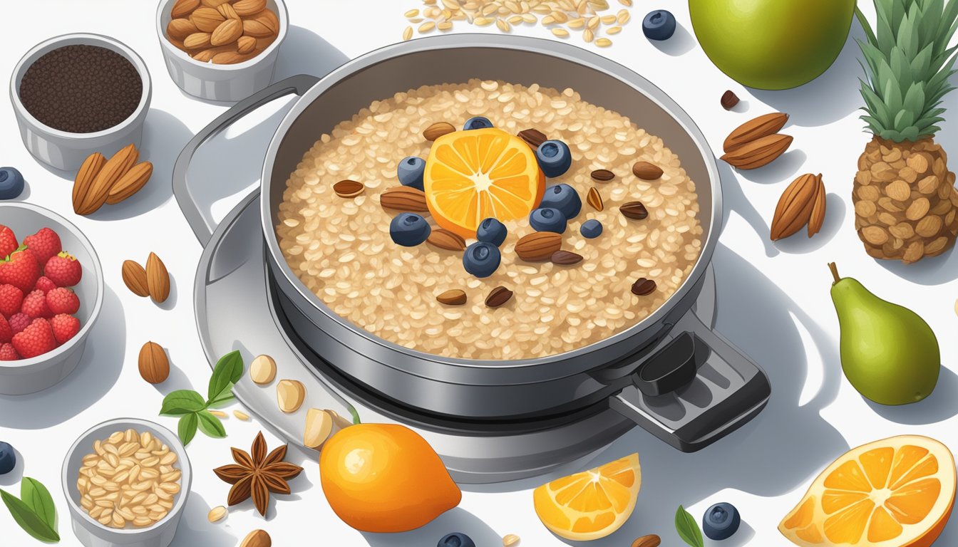 A pot of steel cut oats simmering on a stovetop, surrounded by various ingredients like fruits, nuts, and spices