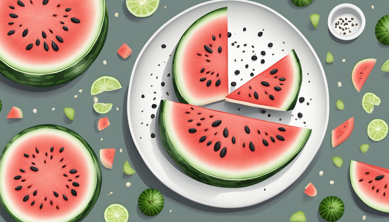 A watermelon slice surrounded by scattered seeds on a white plate