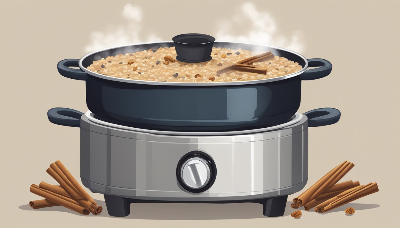 A steaming pot of steel cut oats simmering with cinnamon, berries, and nuts on a rustic kitchen stove