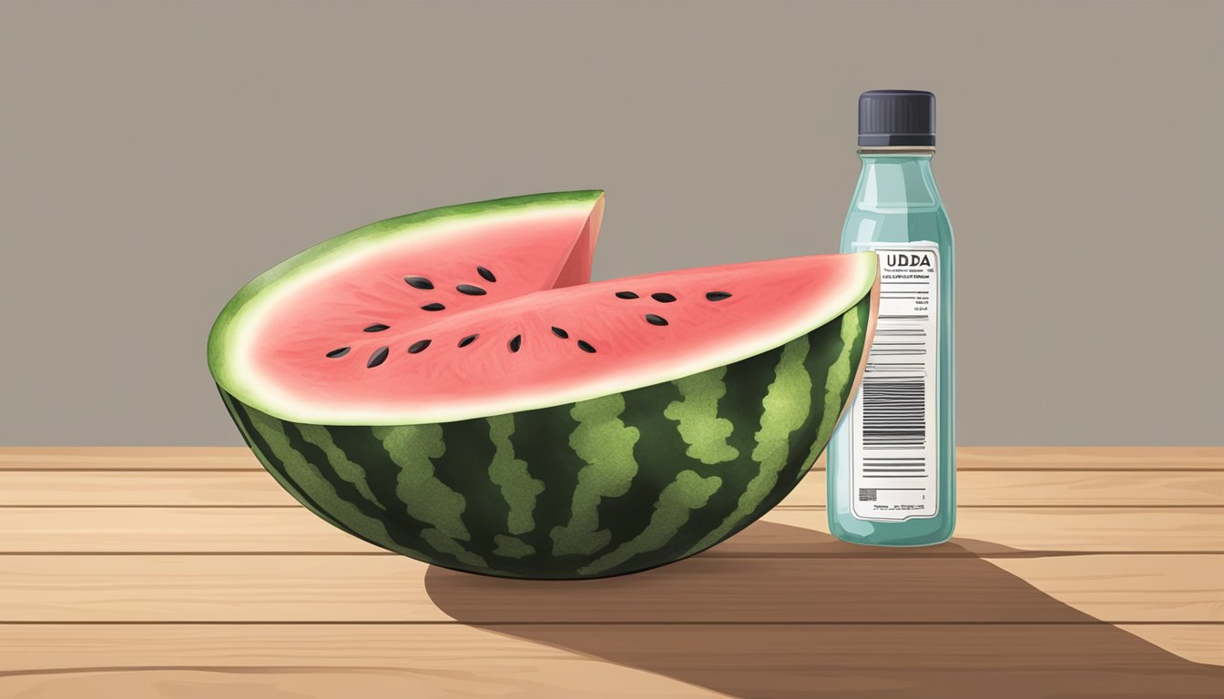 A watermelon sitting on a wooden table, with a small USDA label attached to it