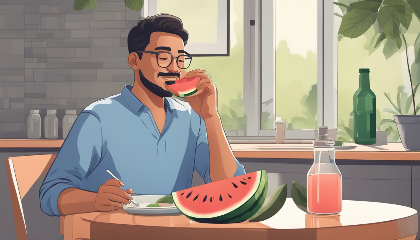 A person enjoying a serving of watermelon while a bottle of uric acid-lowering medication sits nearby