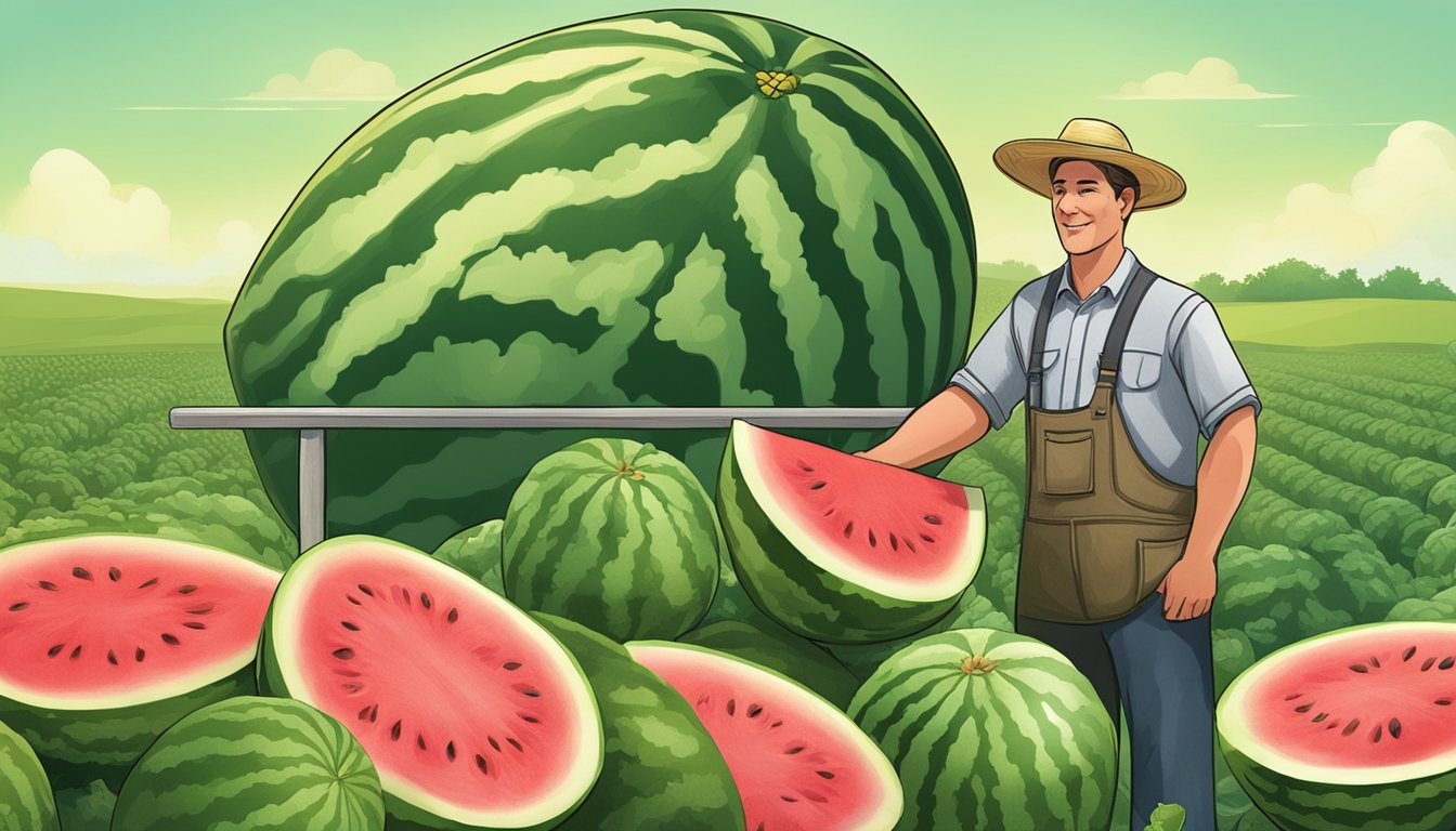 A farmer proudly displays a large, ripe watermelon next to a USDA sign, while researchers examine watermelon plants in a lush field