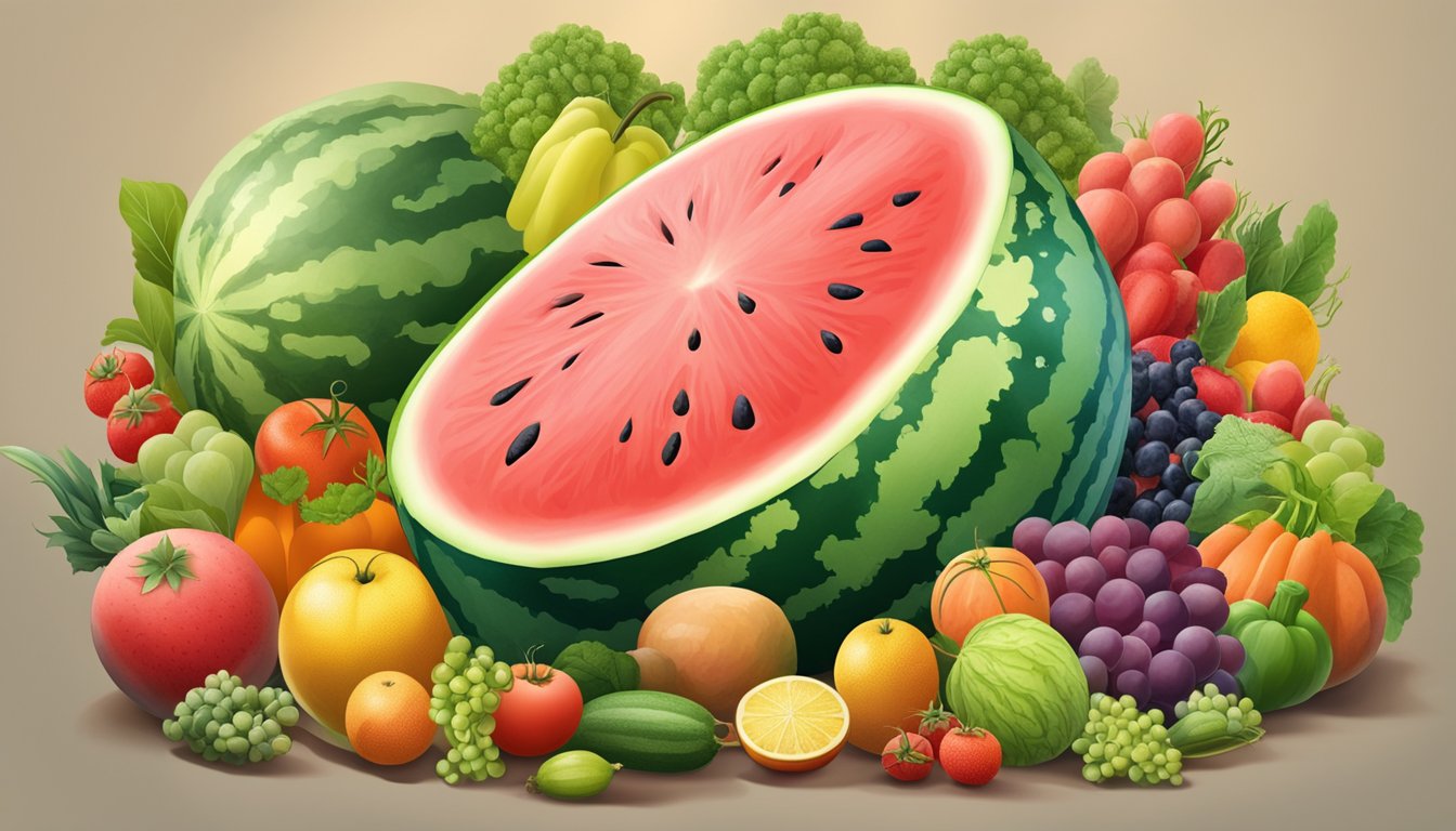 A watermelon surrounded by various fruits and vegetables, with a focus on items known to help reduce uric acid levels in the body